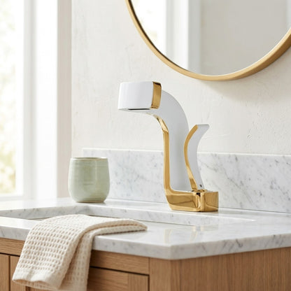 Lagomel waterfall single-hole bathroom faucet, set in a Modern/Minimalist bathroom