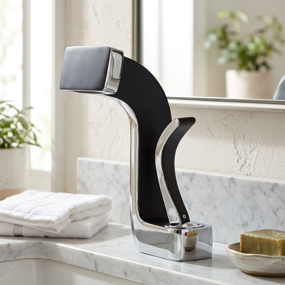 Lagomel waterfall single-hole bathroom faucet, set in a Modern/Minimalist bathroom