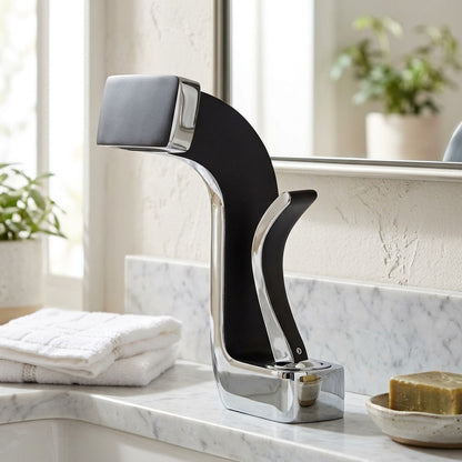 Lagomel waterfall single-hole bathroom faucet, set in a Modern/Minimalist bathroom
