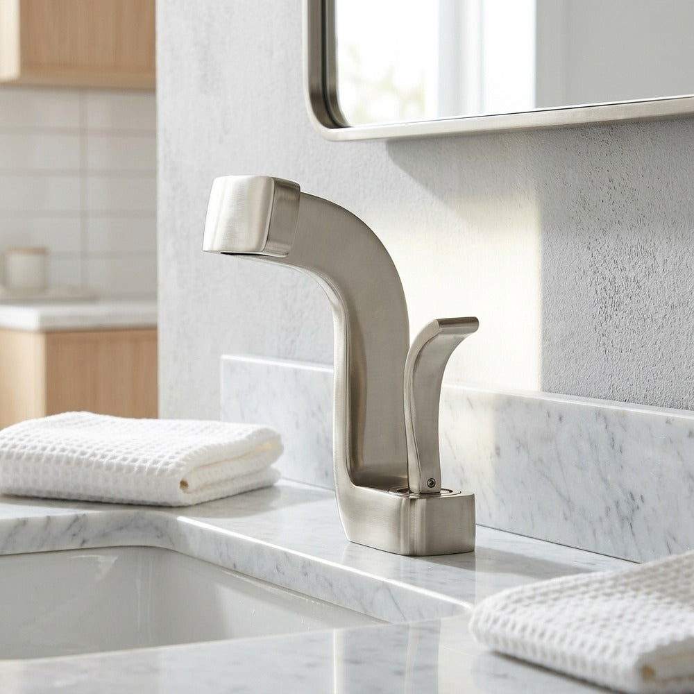 Lagomel waterfall single-hole bathroom faucet, set in a Modern/Minimalist bathroom