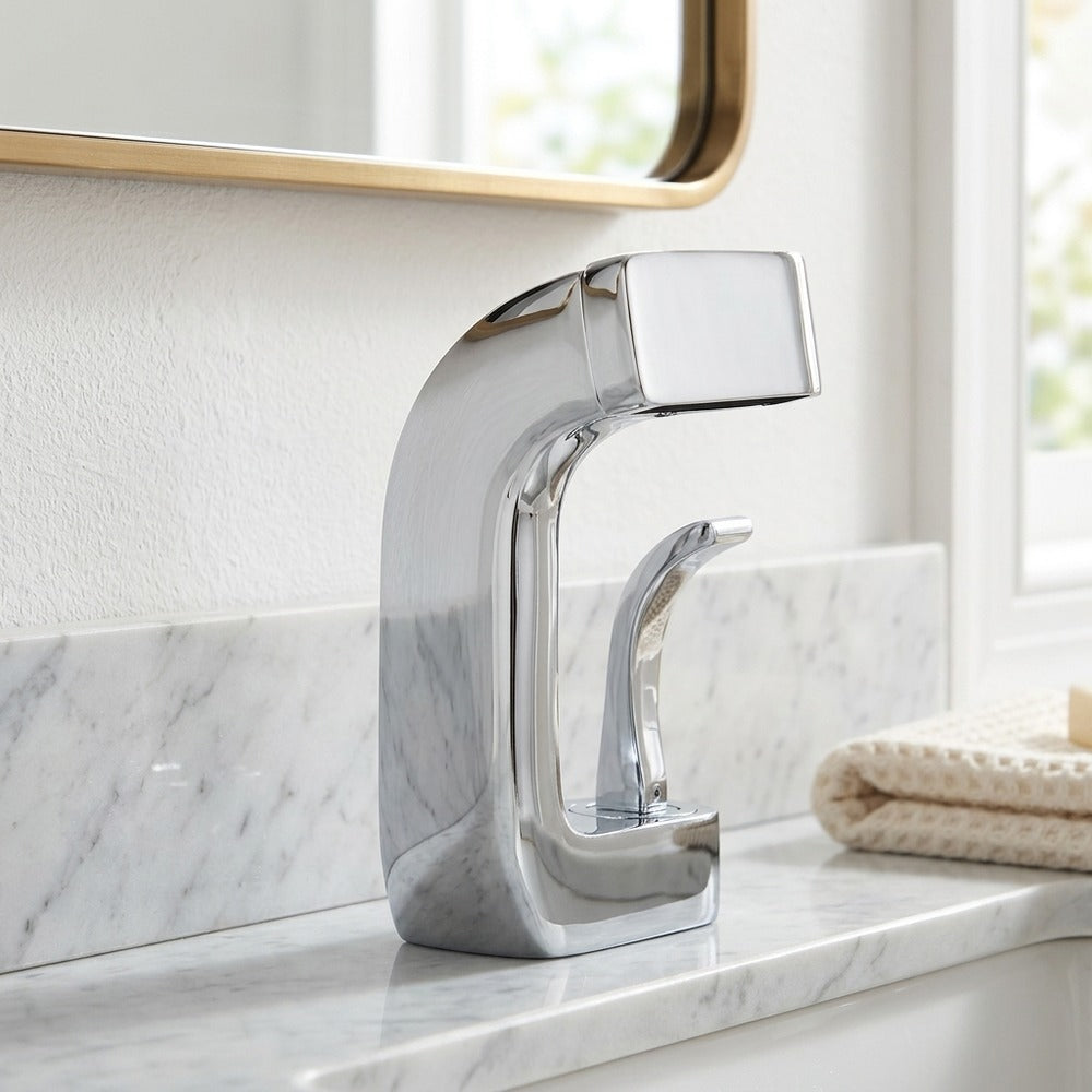 Lagomel waterfall single-hole bathroom faucet, set in a Modern/Minimalist bathroom