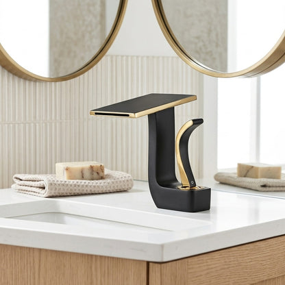 Lagomel single-hole waterfall faucet and drain set in matte black, matte white, two-tone / mixed finish, set in a Modern/Contemporary bathroom