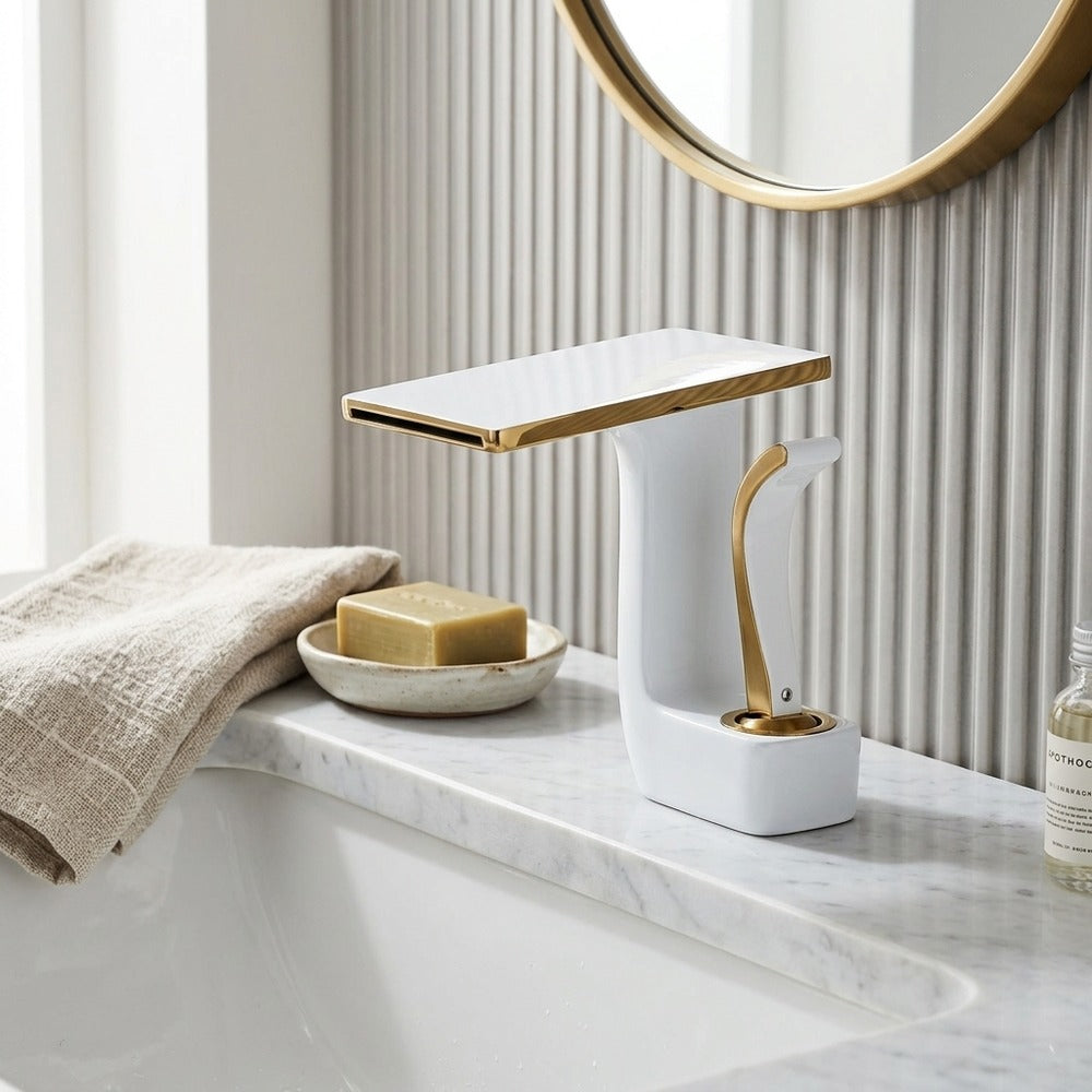 Lagomel single-hole waterfall faucet and drain set, set in a Modern/Contemporary bathroom