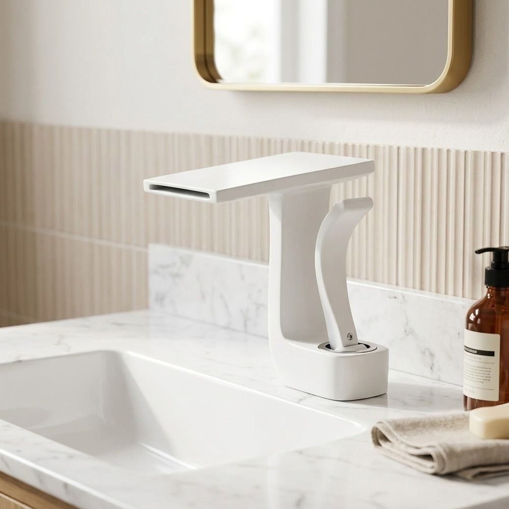 Lagomel single-hole waterfall faucet and drain set, set in a Modern/Contemporary bathroom