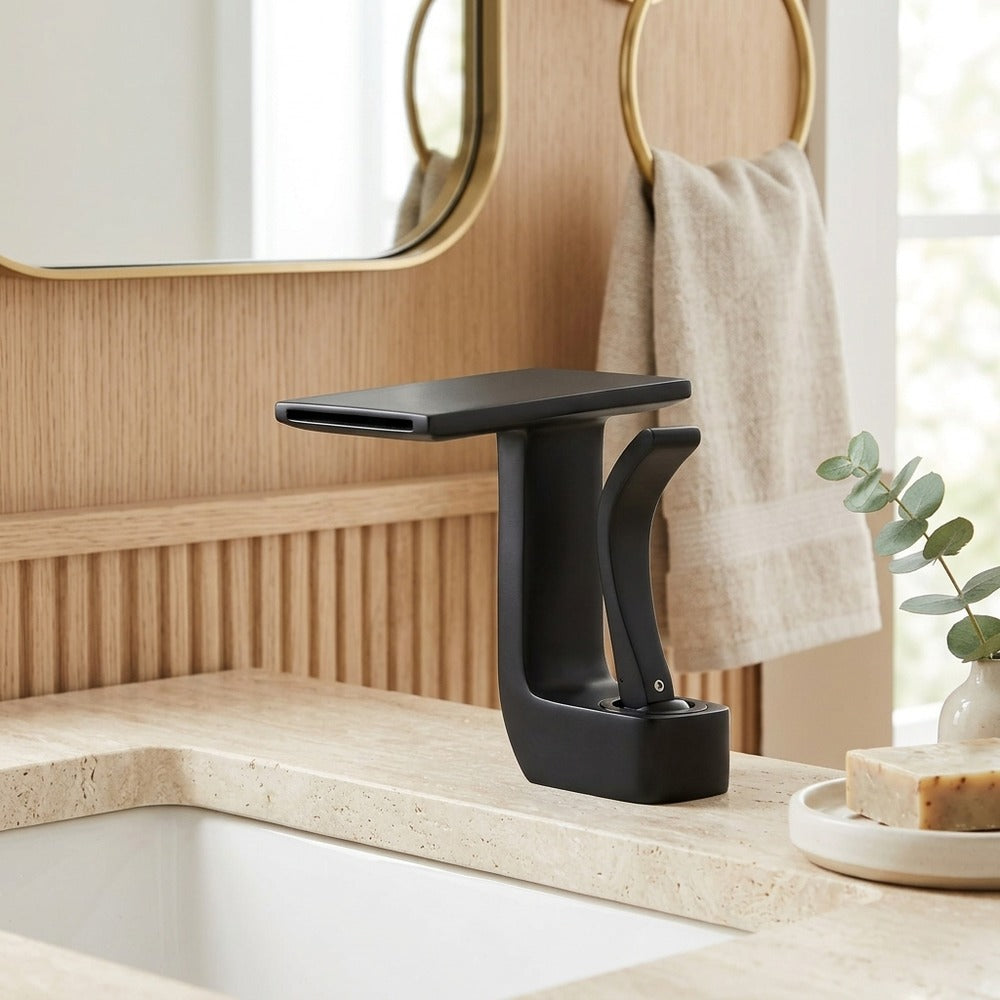 Lagomel single-hole waterfall faucet and drain set, set in a Modern/Contemporary bathroom