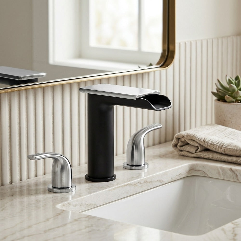 Lagomel single-hole waterfall faucet and drain set, set in a Modern/Contemporary bathroom