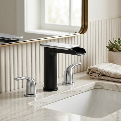 Lagomel single-hole waterfall faucet and drain set, set in a Modern/Contemporary bathroom