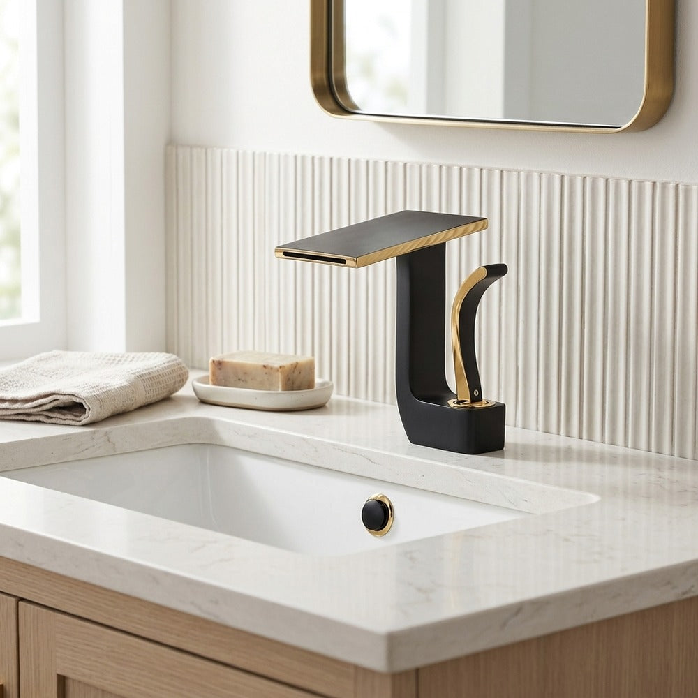 Lagomel single-hole waterfall faucet and drain set, set in a Modern/Contemporary bathroom