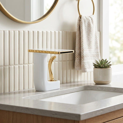 Lagomel single-hole waterfall faucet and drain set, set in a Modern/Contemporary bathroom