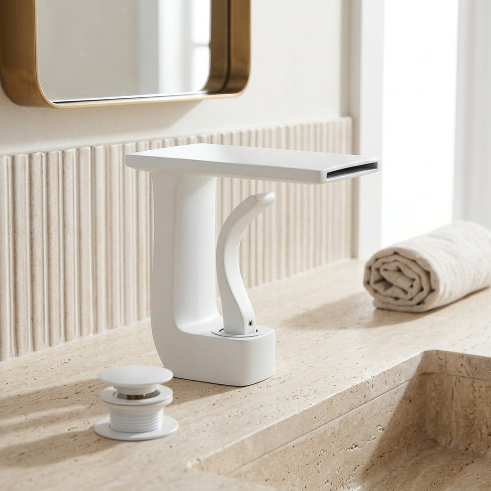 Lagomel single-hole waterfall faucet and drain set, set in a Modern/Contemporary bathroom