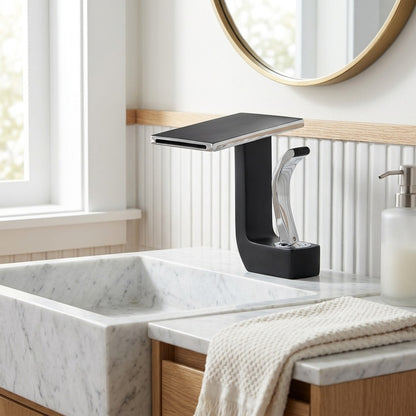 Lagomel single-hole waterfall faucet and drain set, set in a Modern/Contemporary bathroom