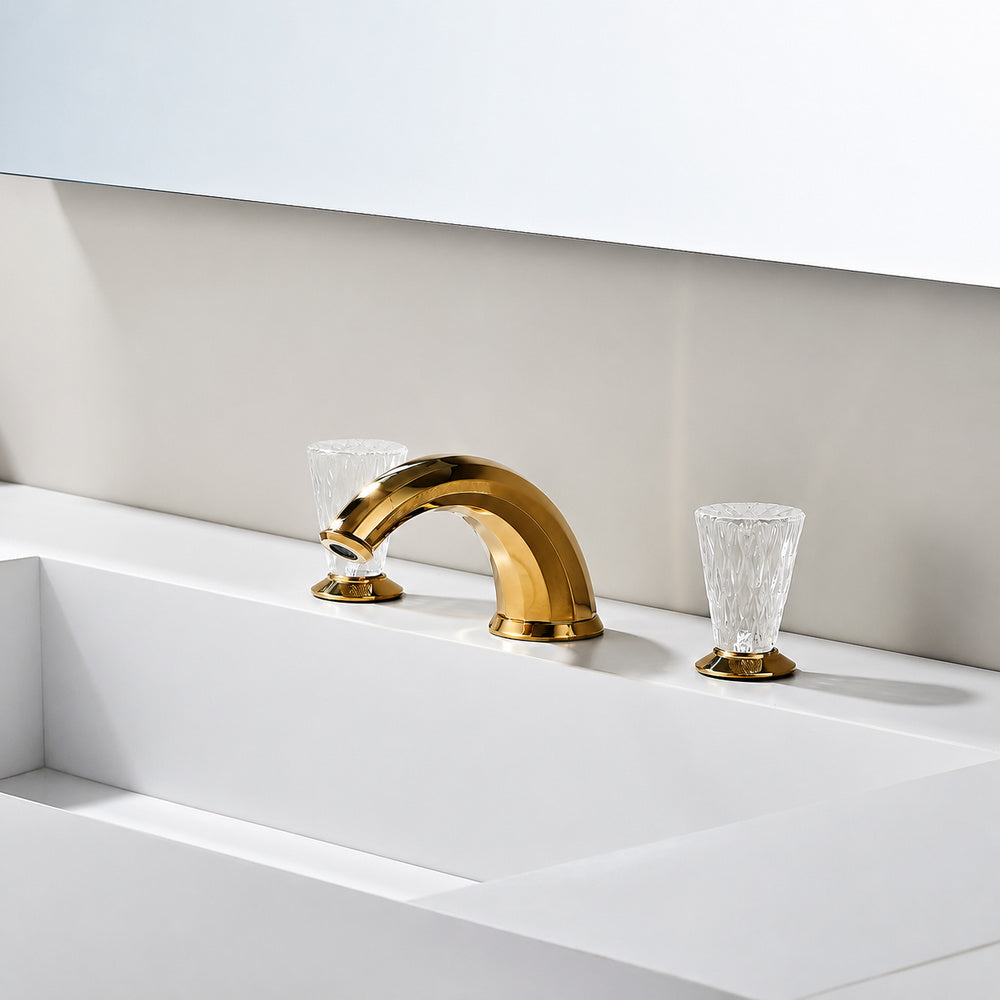 Polished Gold Modern Bathroom Faucet, Dual Crystal Knob Widespread Faucet