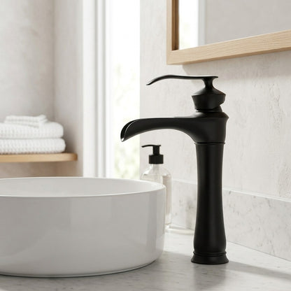 Lagomel single-hole waterfall vessel sink faucet in matte black, set in a Modern/Contemporary bathroom