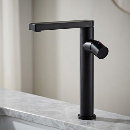 Lagomel single-hole single-handle vessel sink faucet in matte black, set in a Modern/Contemporary bathroom
