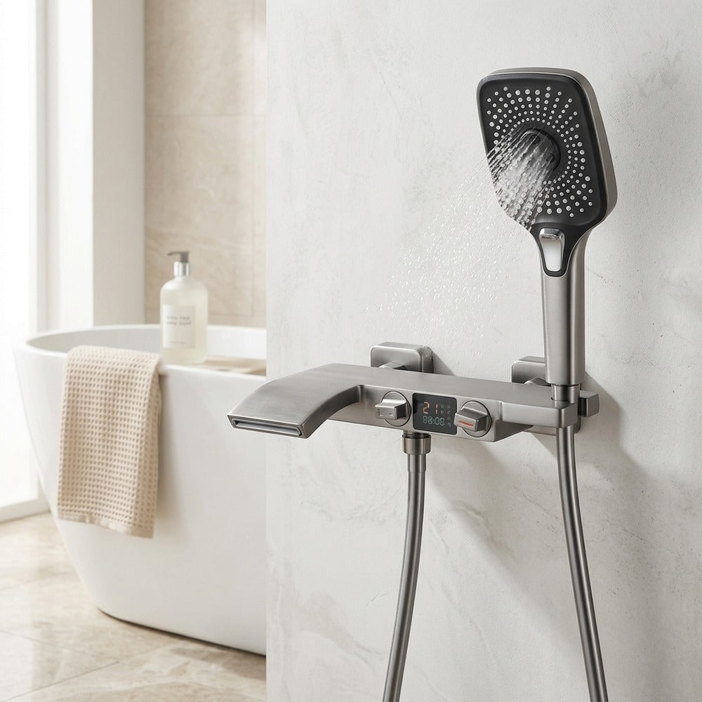 Lagomel waterfall wall-mount tub filler in matte black, gunmetal, matte white, set in a Modern/Contemporary bathroom