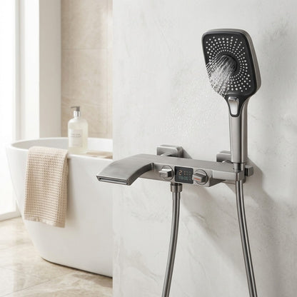 Lagomel waterfall wall-mount tub filler in matte black, gunmetal, matte white, set in a Modern/Contemporary bathroom