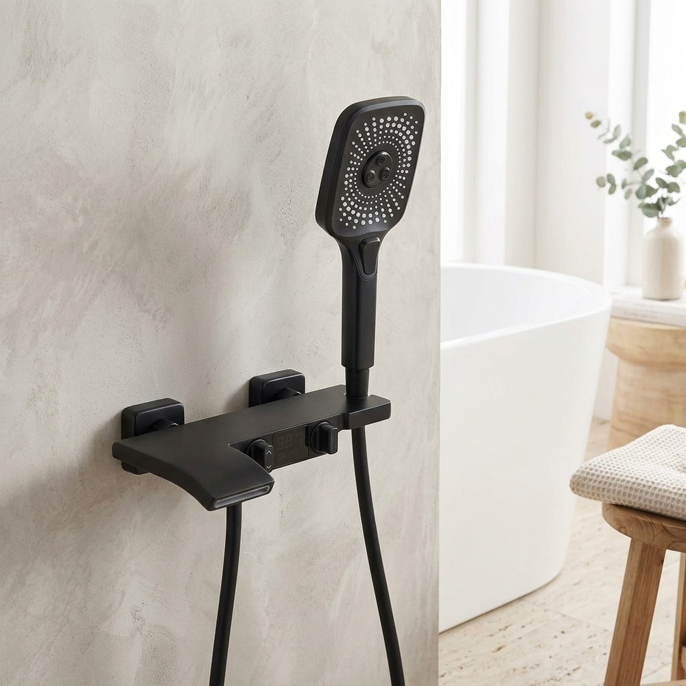 Lagomel waterfall wall-mount tub filler, set in a Modern/Contemporary bathroom