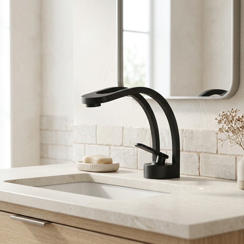 Lagomel single-hole bathroom faucet in matte black, matte white, gunmetal, two-tone / mixed finish, chrome, brushed, set in a Modern/Contemporary bathroom