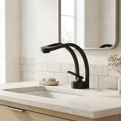 Lagomel single-hole bathroom faucet in matte black, matte white, gunmetal, two-tone / mixed finish, chrome, brushed, set in a Modern/Contemporary bathroom