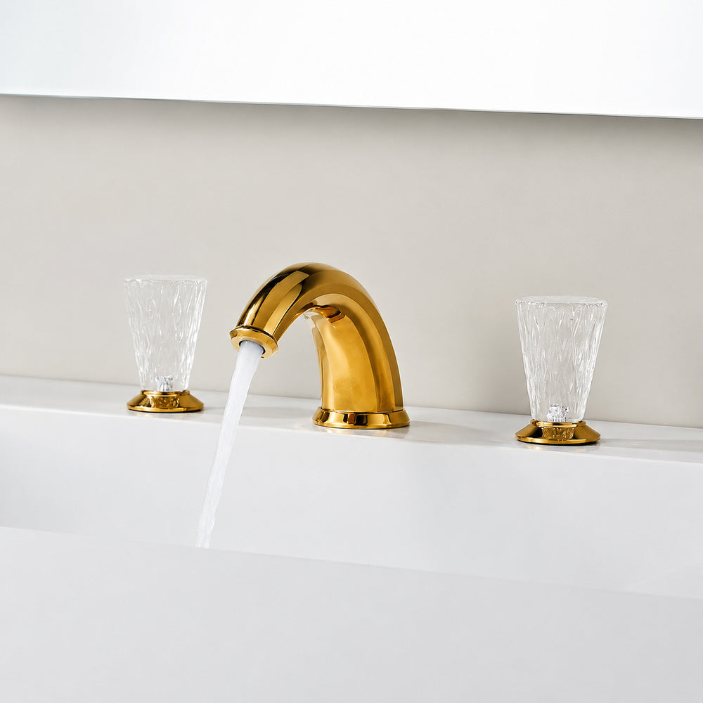 Polished Gold Modern Bathroom Faucet, Dual Crystal Knob Widespread Faucet