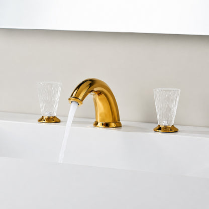 Polished Gold Modern Bathroom Faucet, Dual Crystal Knob Widespread Faucet