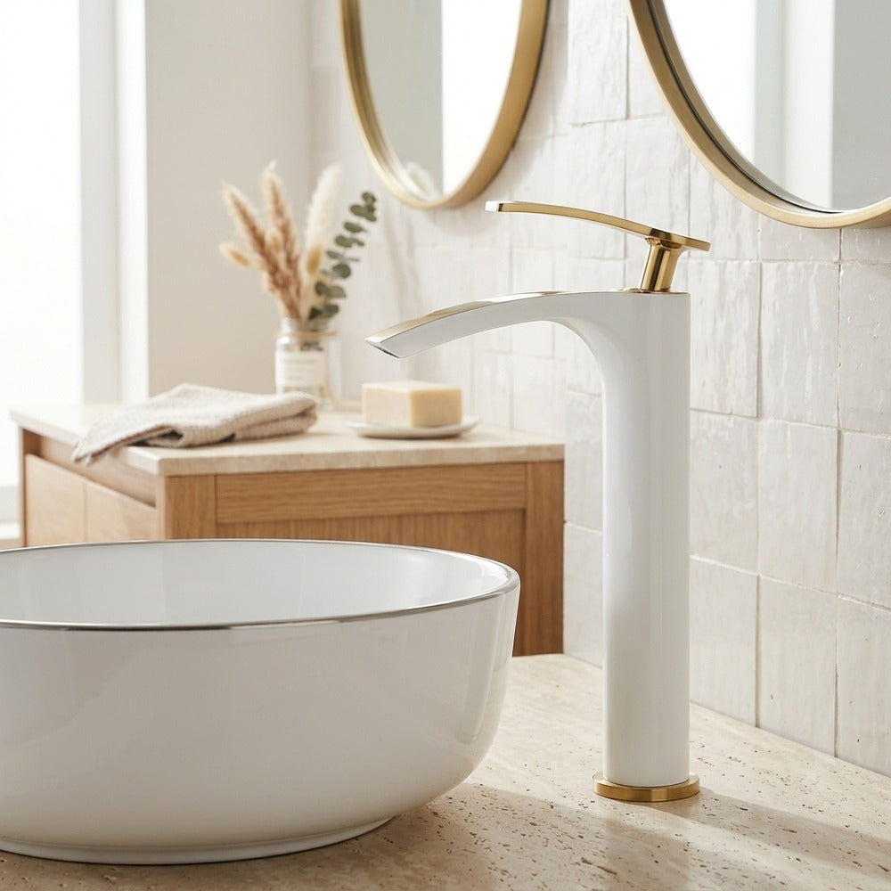 Lagomel single-hole waterfall vessel sink faucet in chrome, matte black, brushed gold, two-tone / mixed finish, set in a Modern/Contemporary bathroom