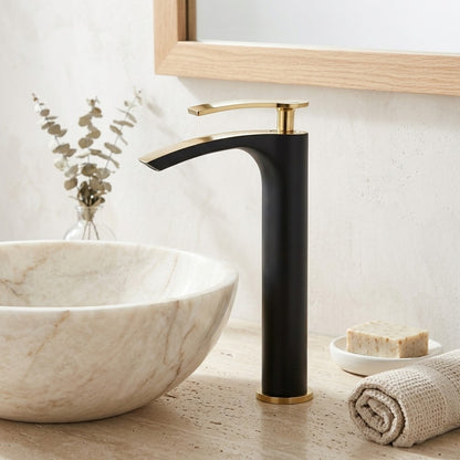 Lagomel single-hole waterfall vessel sink faucet, set in a Modern/Contemporary bathroom
