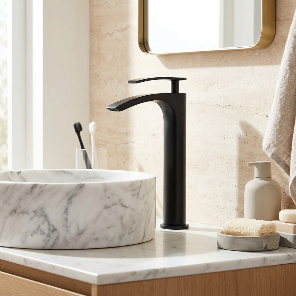 Lagomel single-hole waterfall vessel sink faucet, set in a Modern/Contemporary bathroom