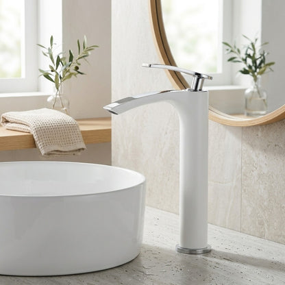 Lagomel single-hole waterfall vessel sink faucet, set in a Modern/Contemporary bathroom