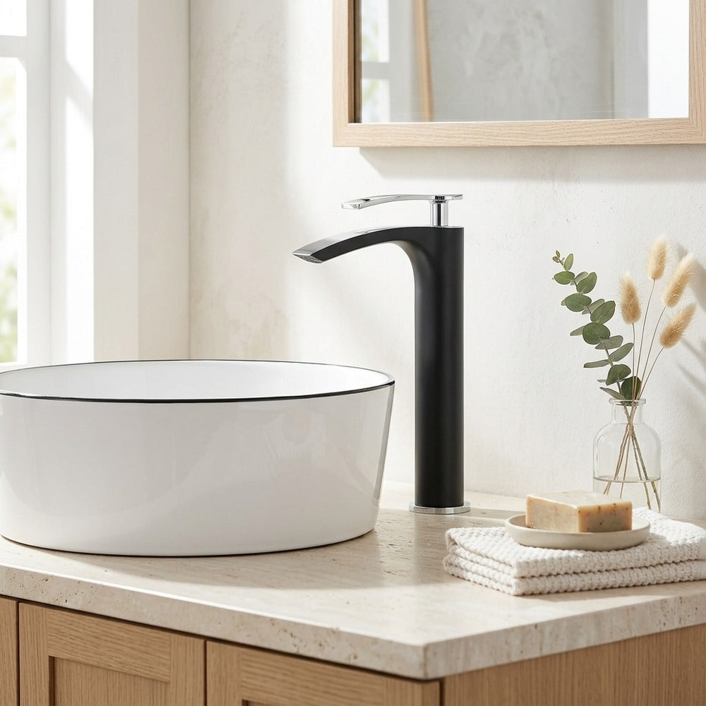 Lagomel single-hole waterfall vessel sink faucet, set in a Modern/Contemporary bathroom