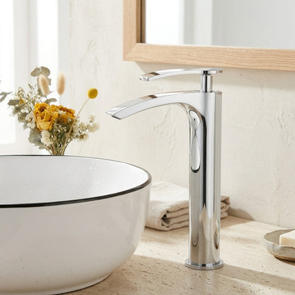 Lagomel single-hole waterfall vessel sink faucet, set in a Modern/Contemporary bathroom
