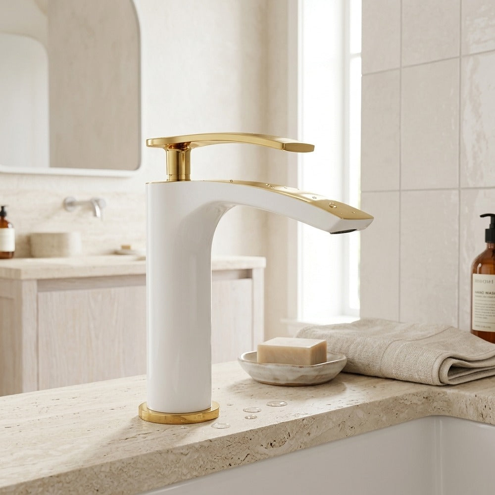 Lagomel single-hole waterfall vessel sink faucet, set in a Modern/Contemporary bathroom