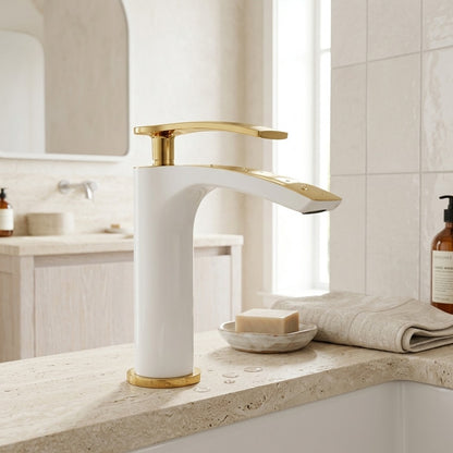 Lagomel single-hole waterfall vessel sink faucet, set in a Modern/Contemporary bathroom