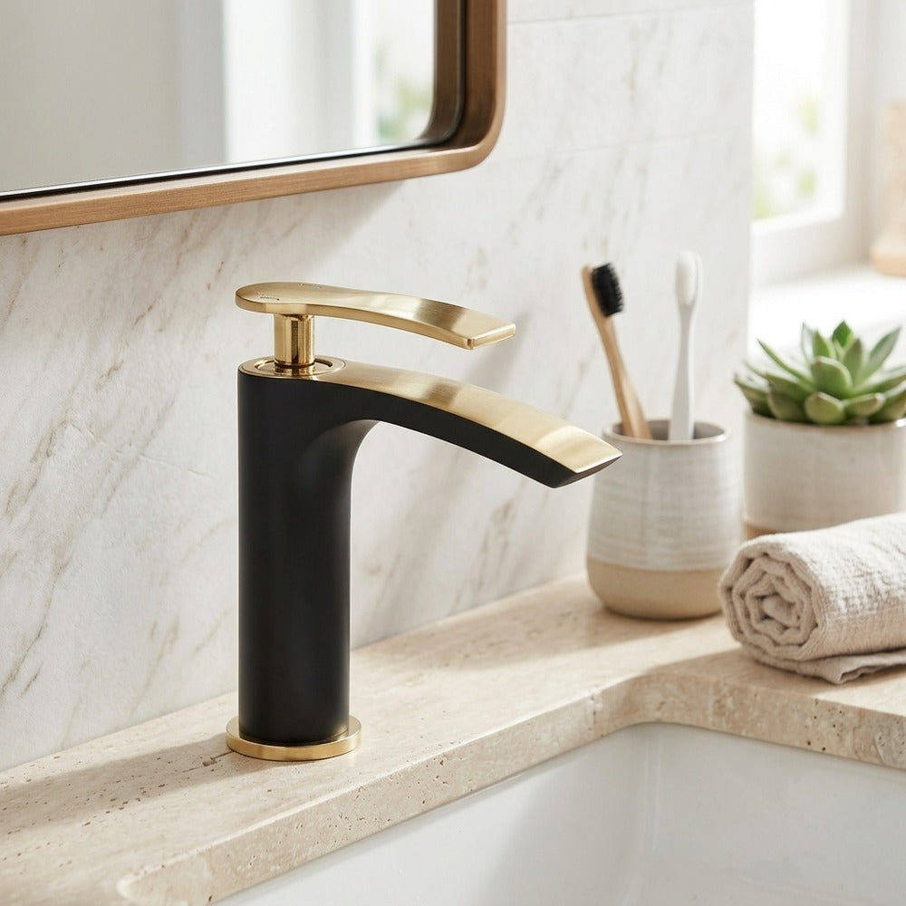 Lagomel single-hole waterfall vessel sink faucet, set in a Modern/Contemporary bathroom