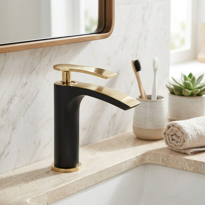 Lagomel single-hole waterfall vessel sink faucet, set in a Modern/Contemporary bathroom
