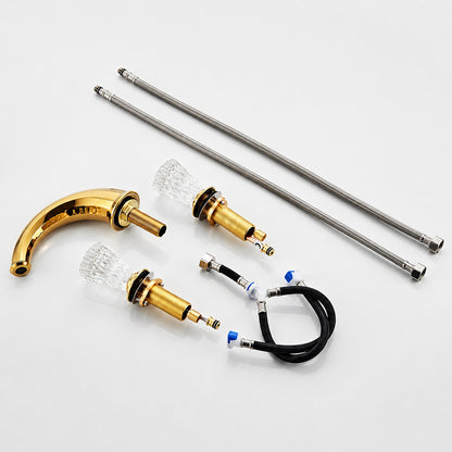 Polished Gold Modern Bathroom Faucet, Dual Crystal Knob Widespread Faucet