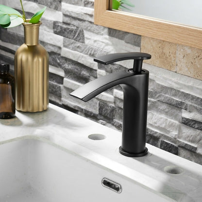 Lagomel single-hole waterfall vessel sink faucet, set in a Modern/Contemporary bathroom