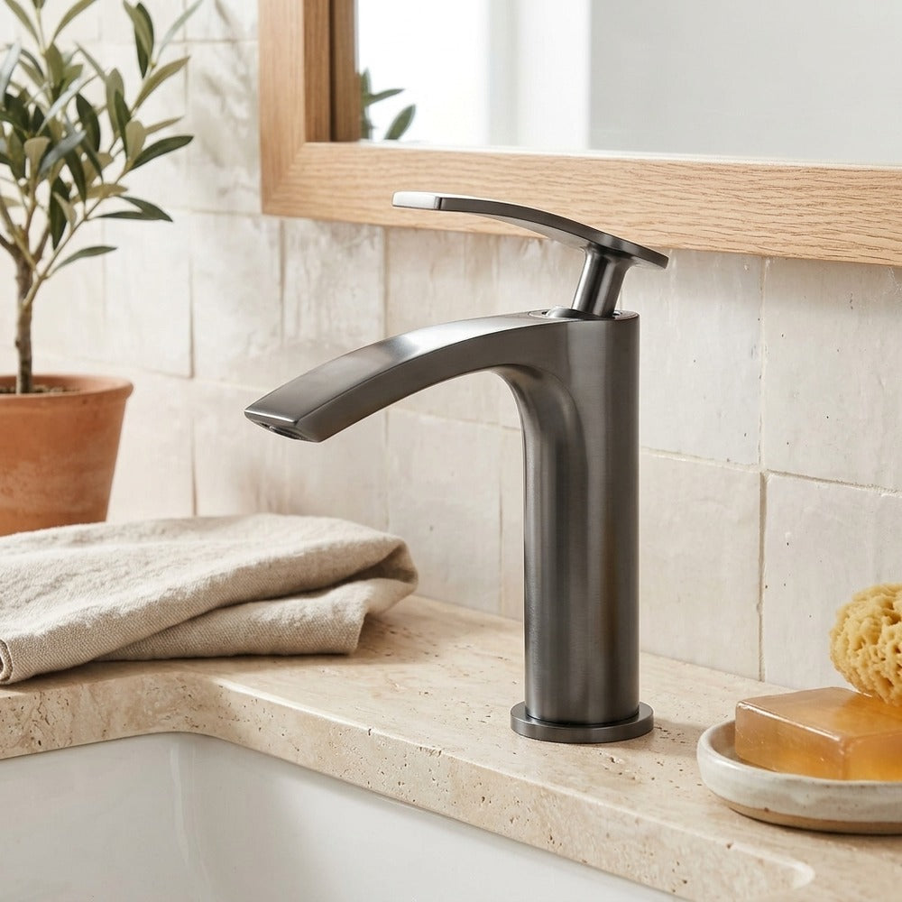 Lagomel single-hole waterfall vessel sink faucet, set in a Modern/Contemporary bathroom