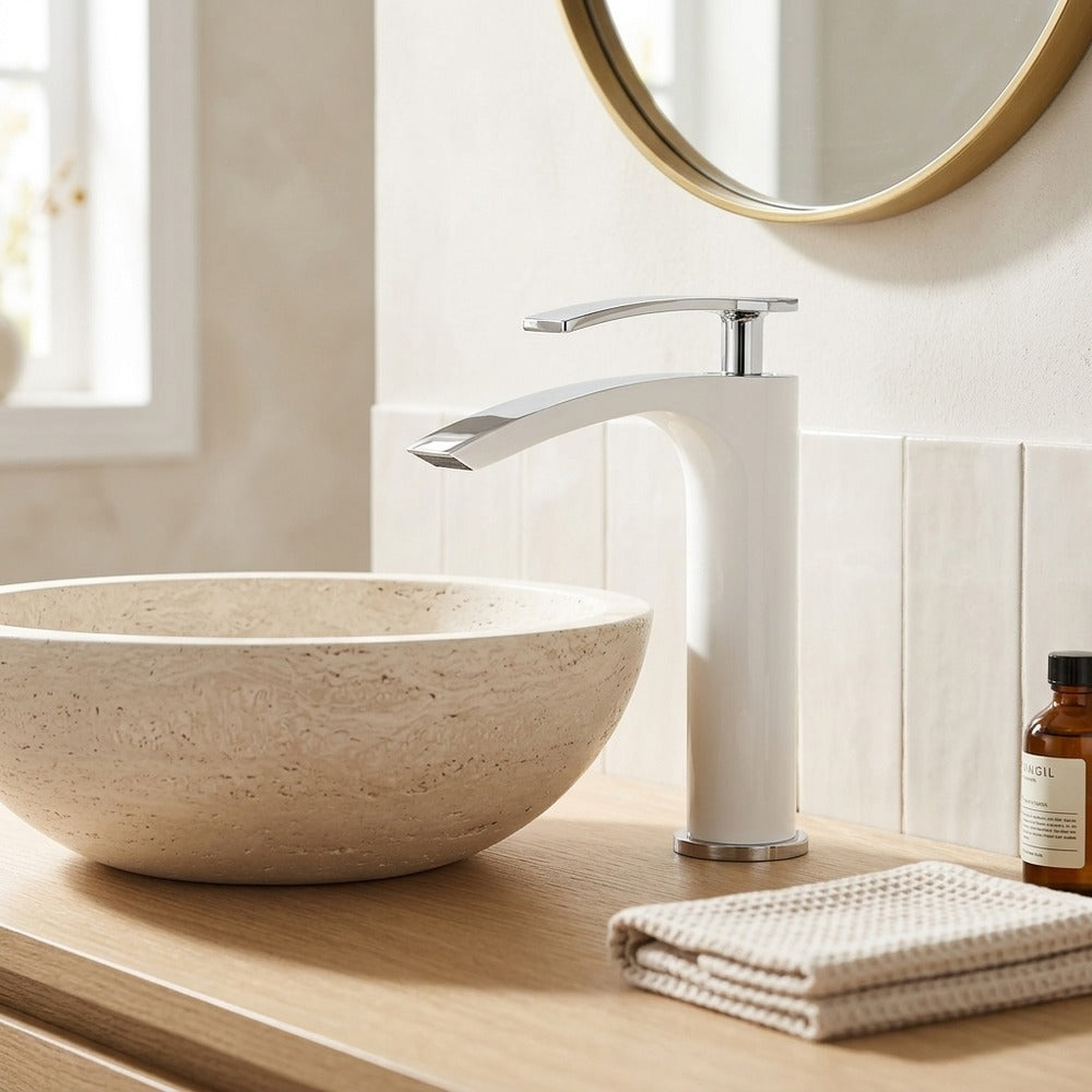 Lagomel single-hole waterfall vessel sink faucet, set in a Modern/Contemporary bathroom