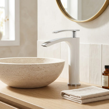 Lagomel single-hole waterfall vessel sink faucet, set in a Modern/Contemporary bathroom