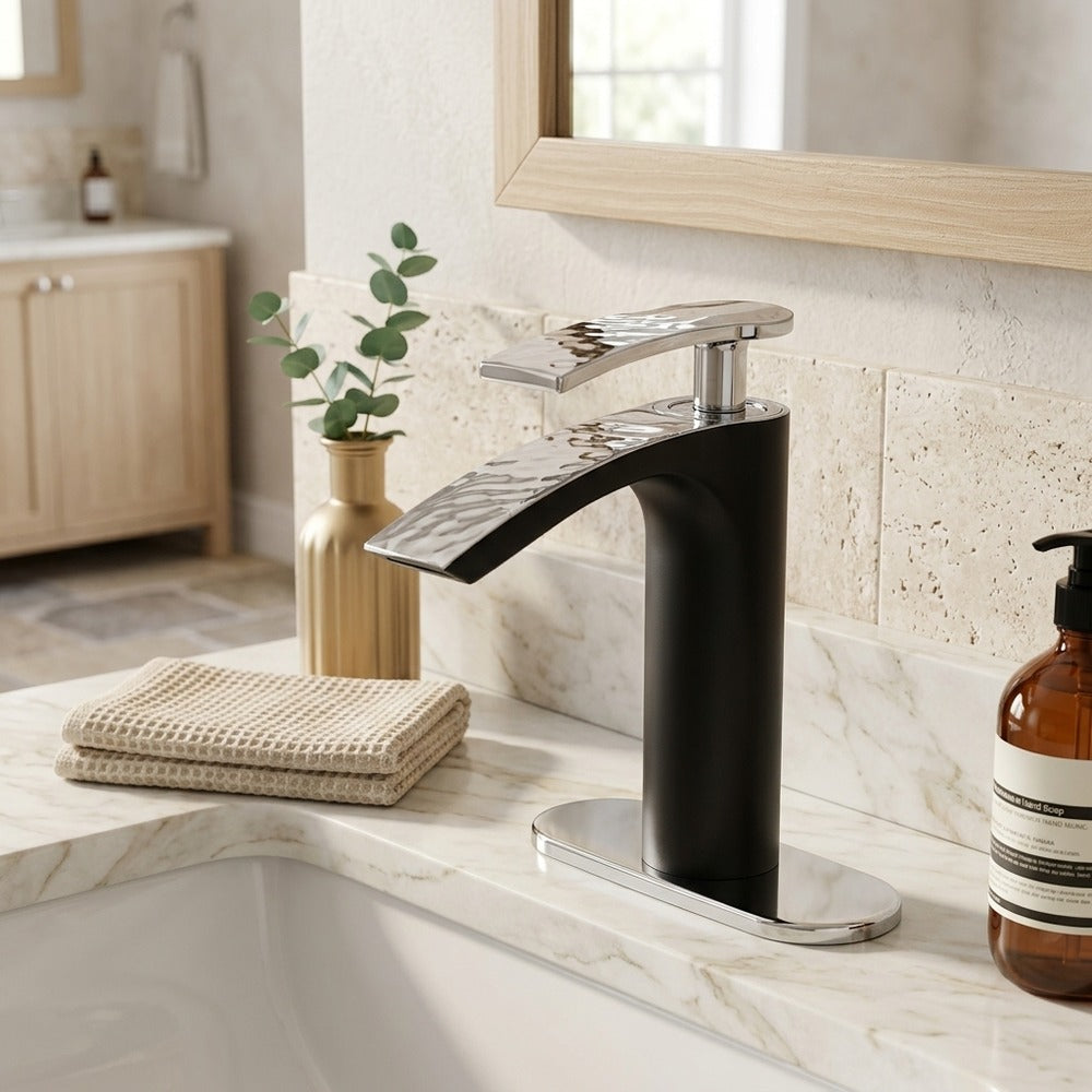 Lagomel single-hole waterfall vessel sink faucet, set in a Modern/Contemporary bathroom