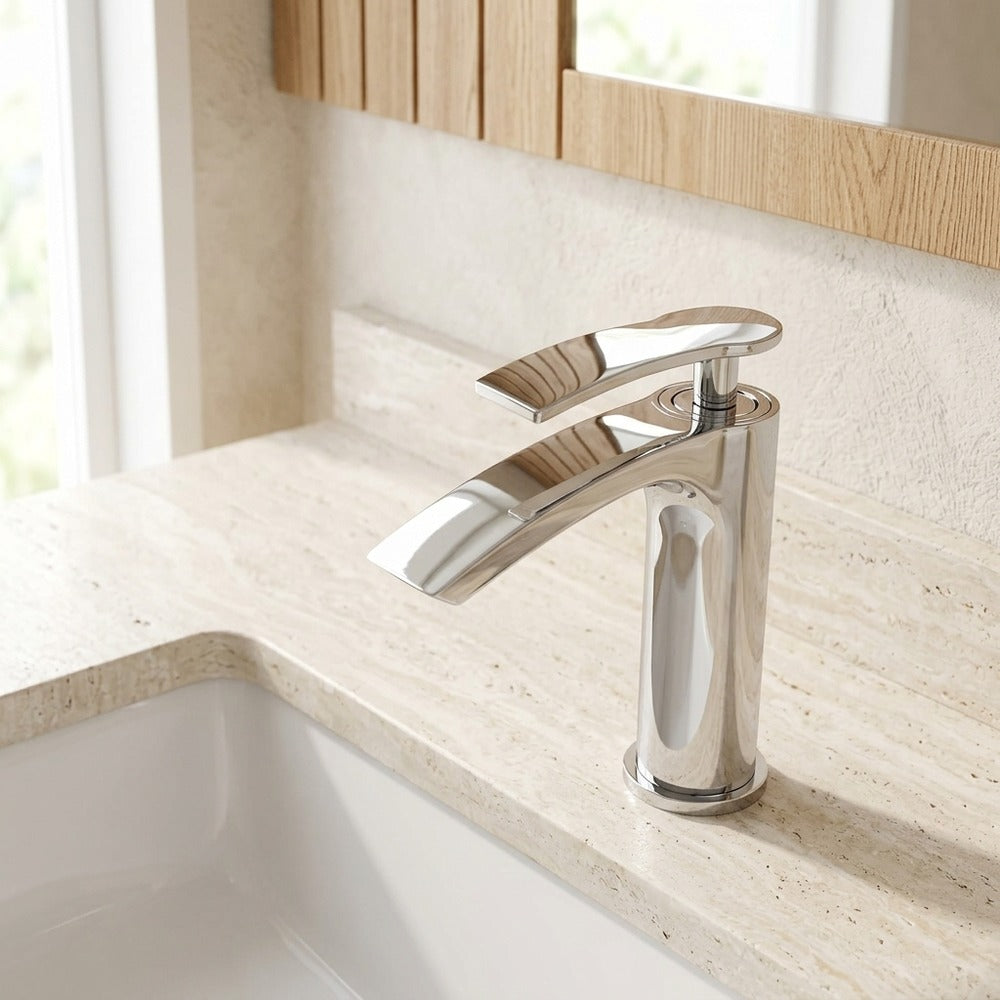 Lagomel single-hole waterfall vessel sink faucet, set in a Modern/Contemporary bathroom