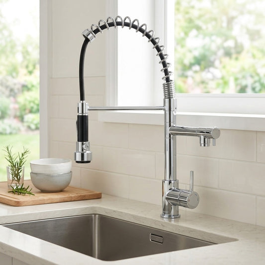 Lagomel wall-mounted pull-down pre-rinse kitchen faucet in matte black, chrome, polished gold, set in a Modern/Contemporary kitchen