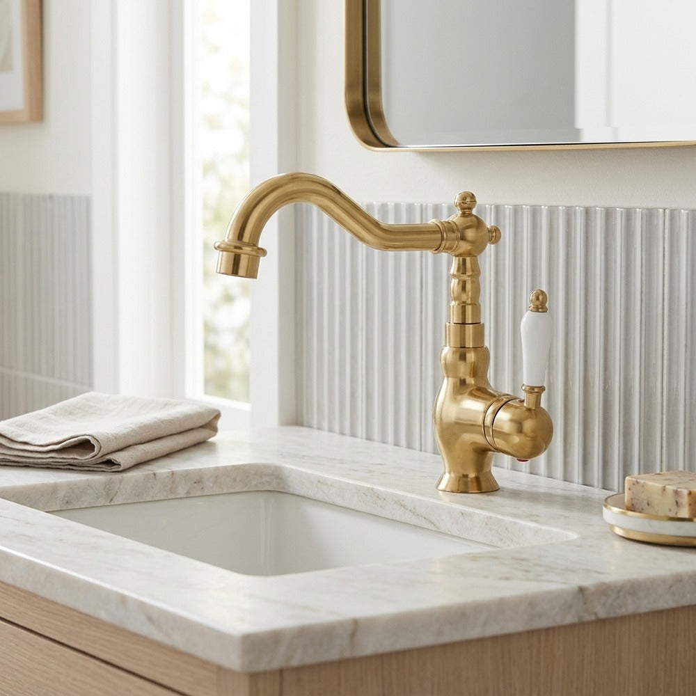 Lagomel single-hole bathroom faucet in polished gold, chrome, matte white, gunmetal, antique brass, set in a Traditional/Classic/Vintage/Retro bathroom