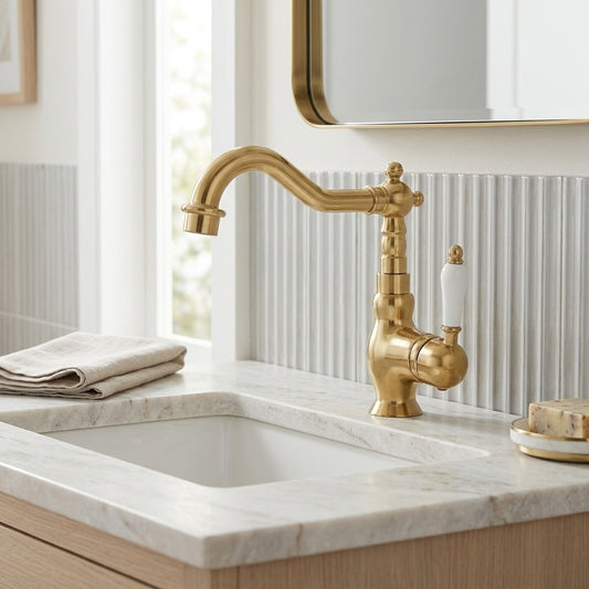Lagomel single-hole bathroom faucet in polished gold, chrome, matte white, gunmetal, antique brass, set in a Traditional/Classic/Vintage/Retro bathroom