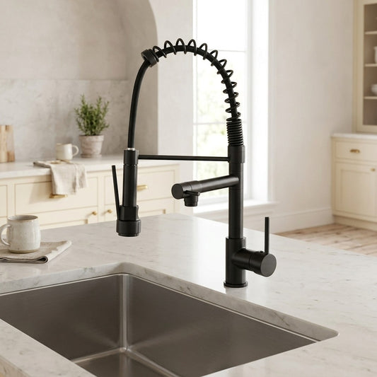 Lagomel pull-down single-handle pre-rinse kitchen faucet in matte black, chrome, polished gold, set in a Modern/Contemporary kitchen