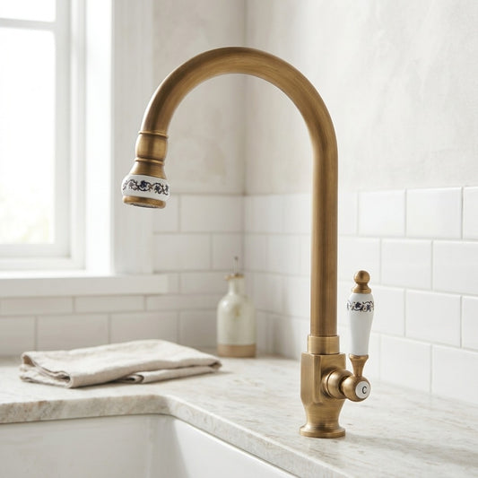 Lagomel single-handle kitchen faucet in antique brass, set in a Modern/Contemporary kitchen