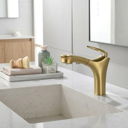 Lagomel pull-out single-hole bathroom faucet in brushed gold, matte black, matte white, chrome, gunmetal, set in a Modern/Contemporary bathroom