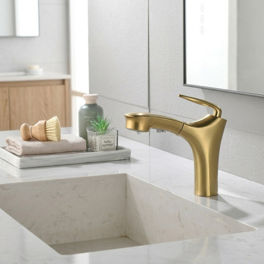 Lagomel pull-out single-hole bathroom faucet in brushed gold, matte black, matte white, chrome, gunmetal, set in a Modern/Contemporary bathroom