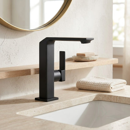 Lagomel waterfall single-handle faucet and drain set in chrome, matte black, brushed gold, gunmetal, set in a Modern/Contemporary bathroom